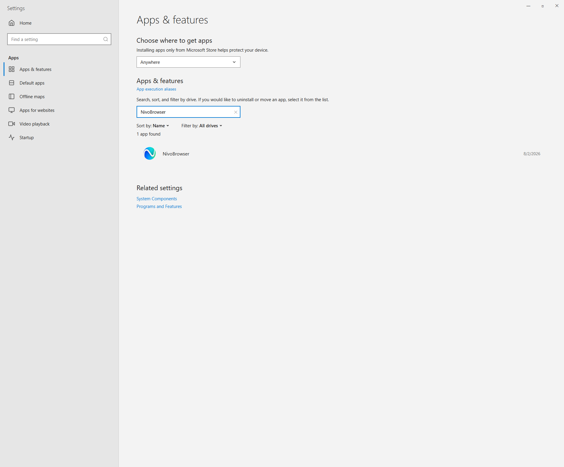 Navigate to Apps & features and locate NivoBrowser