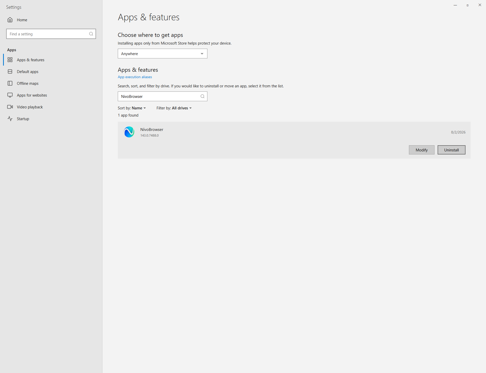 Select NivoBrowser and click Uninstall