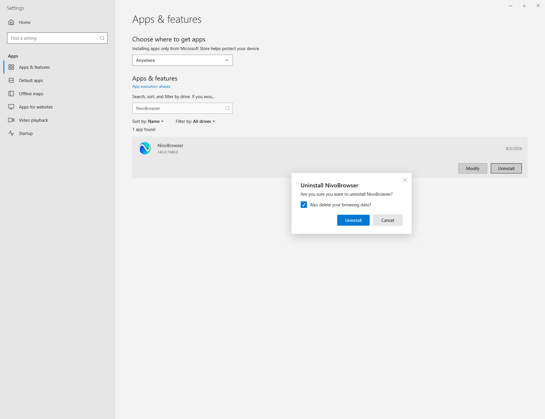 Choose to keep or delete browsing data and complete uninstallation